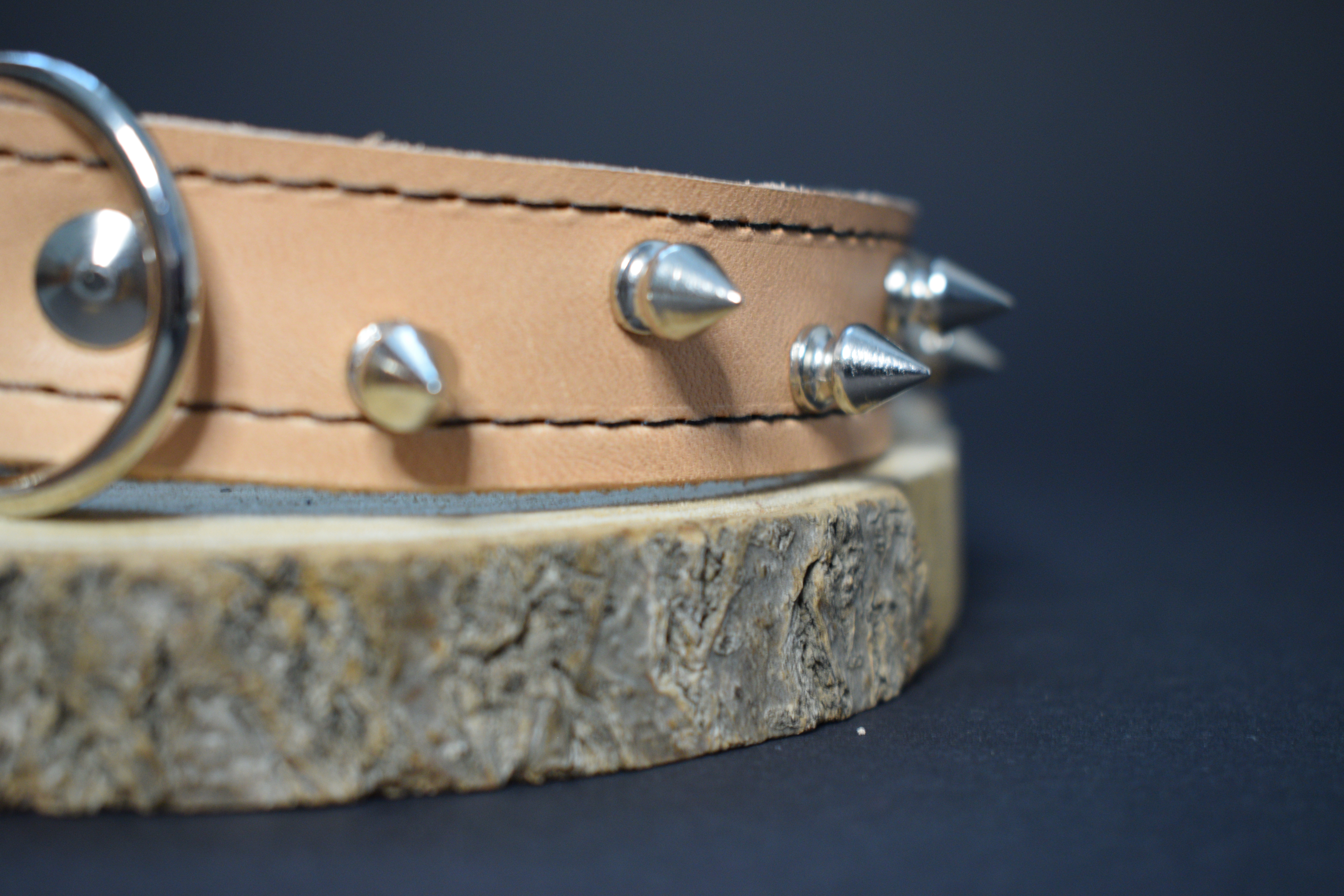 Palkar obojok z kože hladenice pre psov zdobený hrotmi 60 cm x 24 mm prírodný