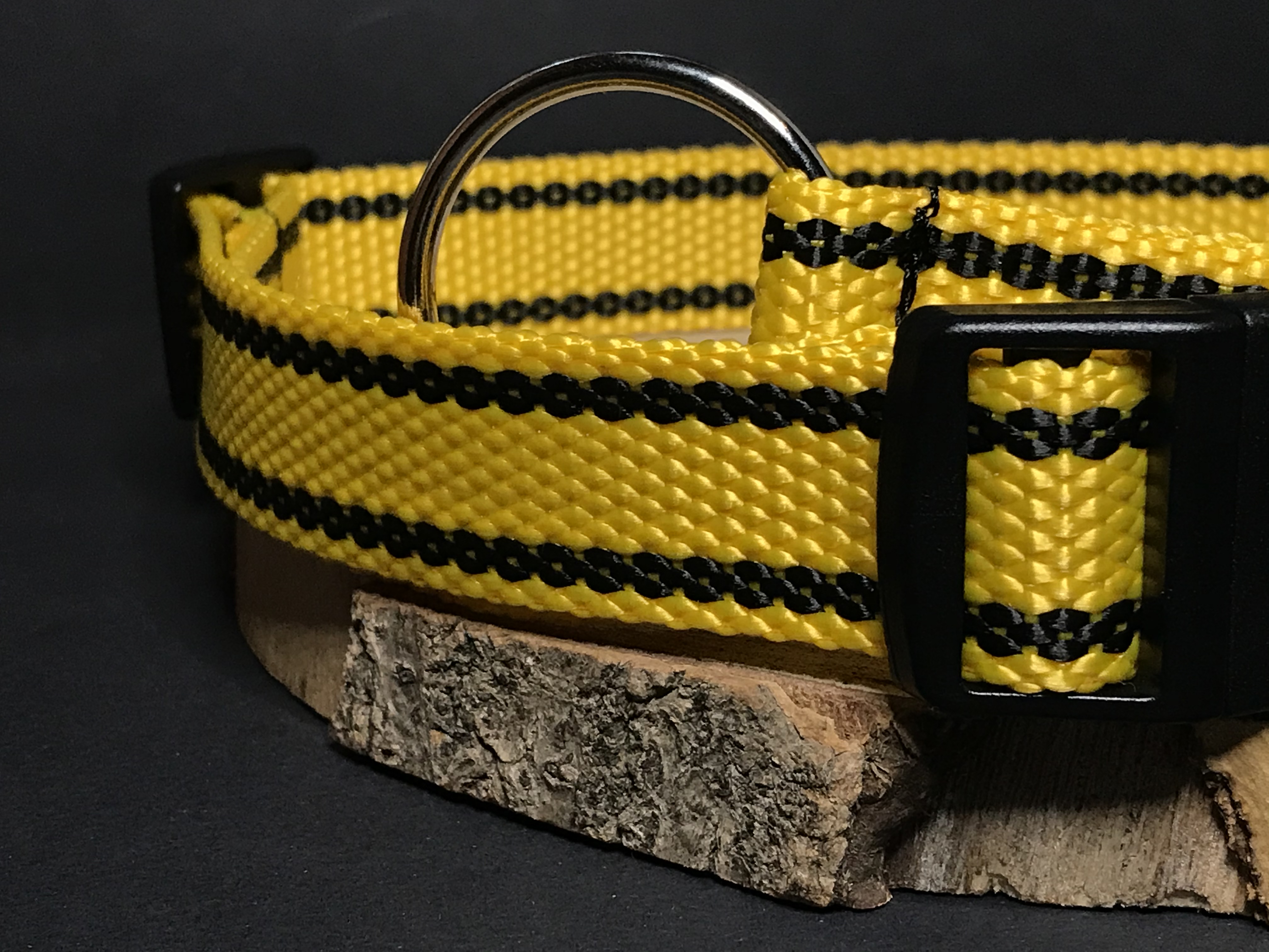 Palkar obojok z popruhu pre psov 65 cm x 25 mm žltá s páskami