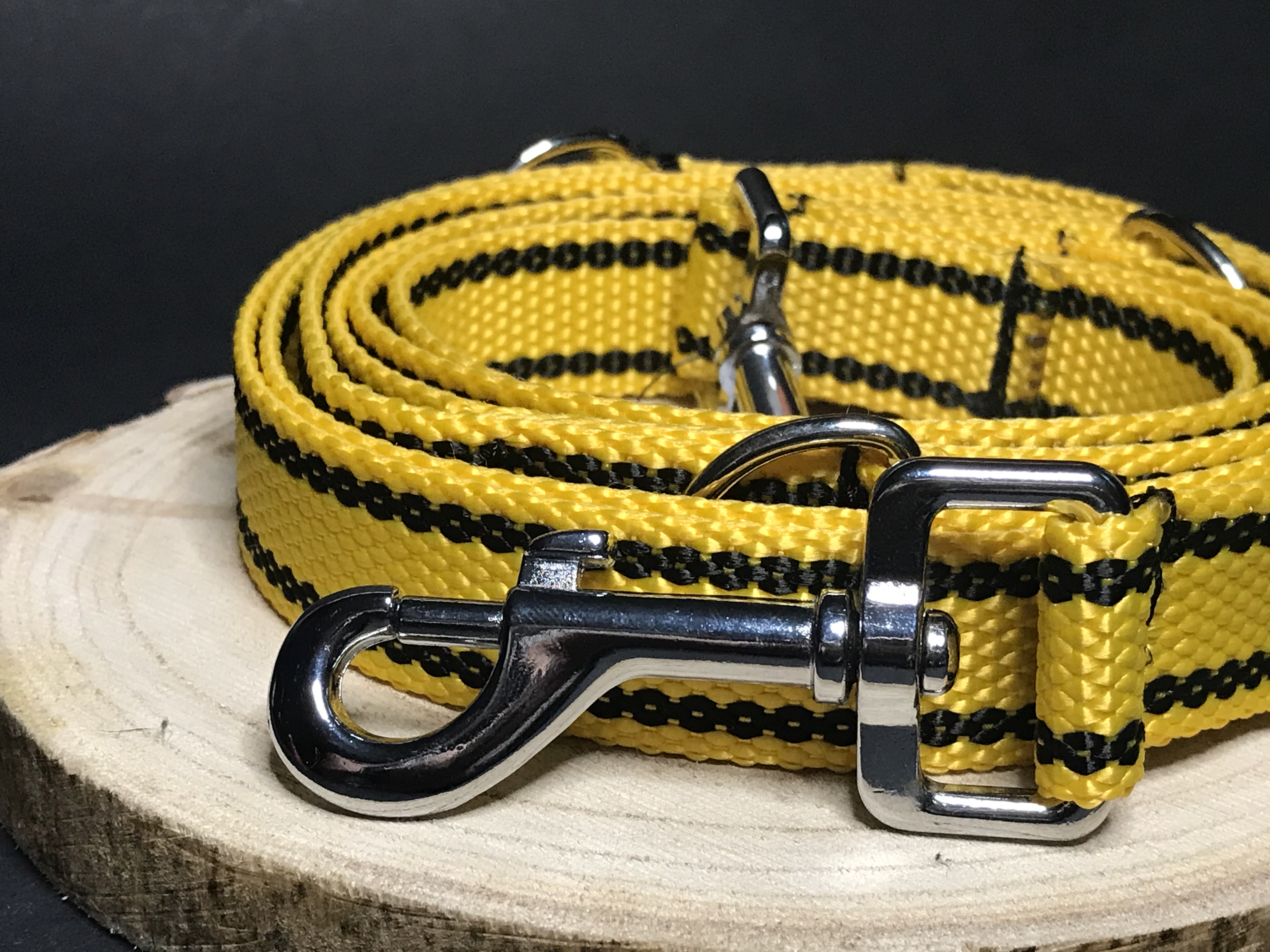 Palkar vodítko prepínacie z popruhu pre psov 250 cm x 25 mm žltá s páskami