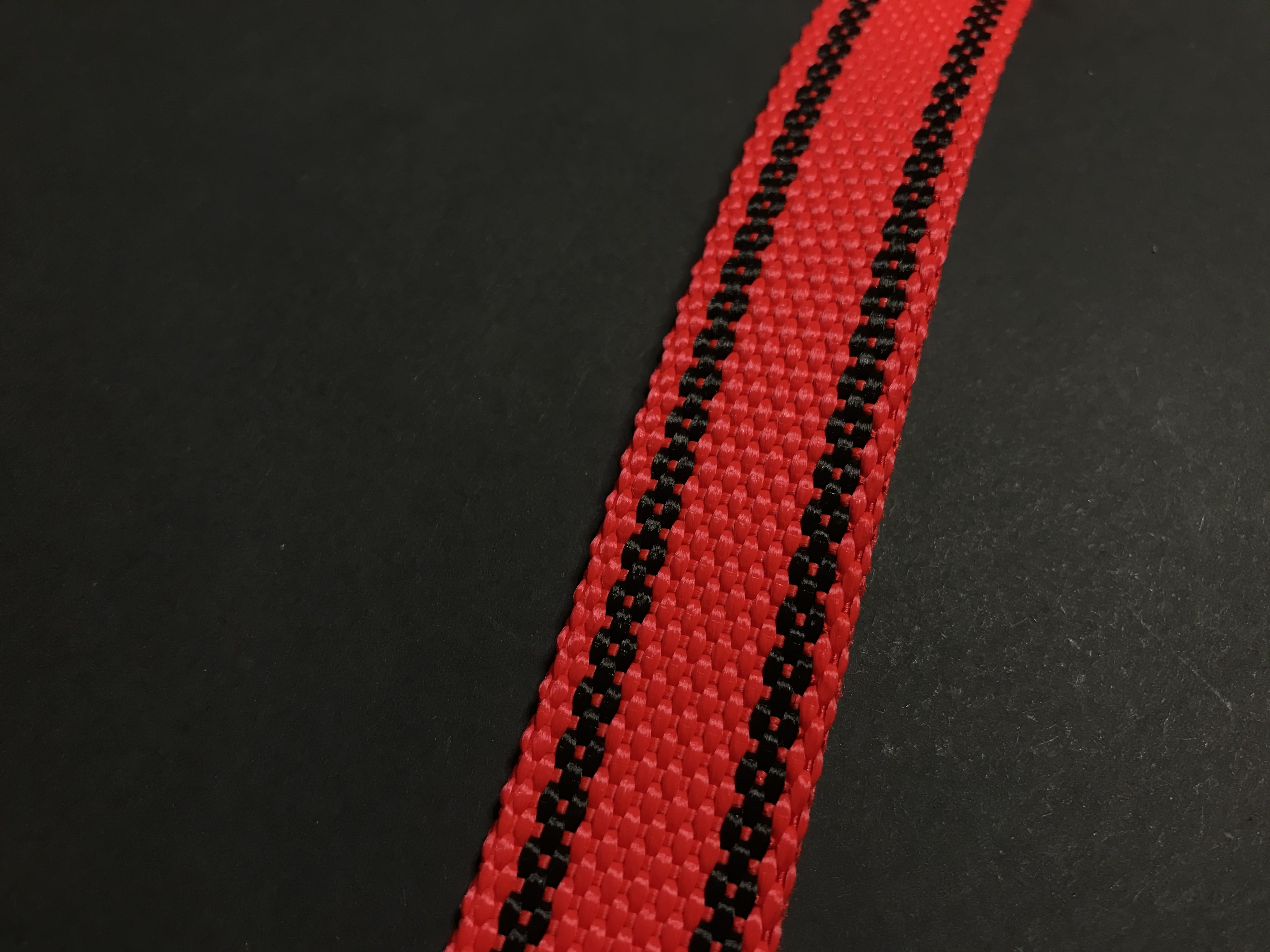 Palkar vodítko z popruhu pre psov 150 cm x 25 mm červená s páskami