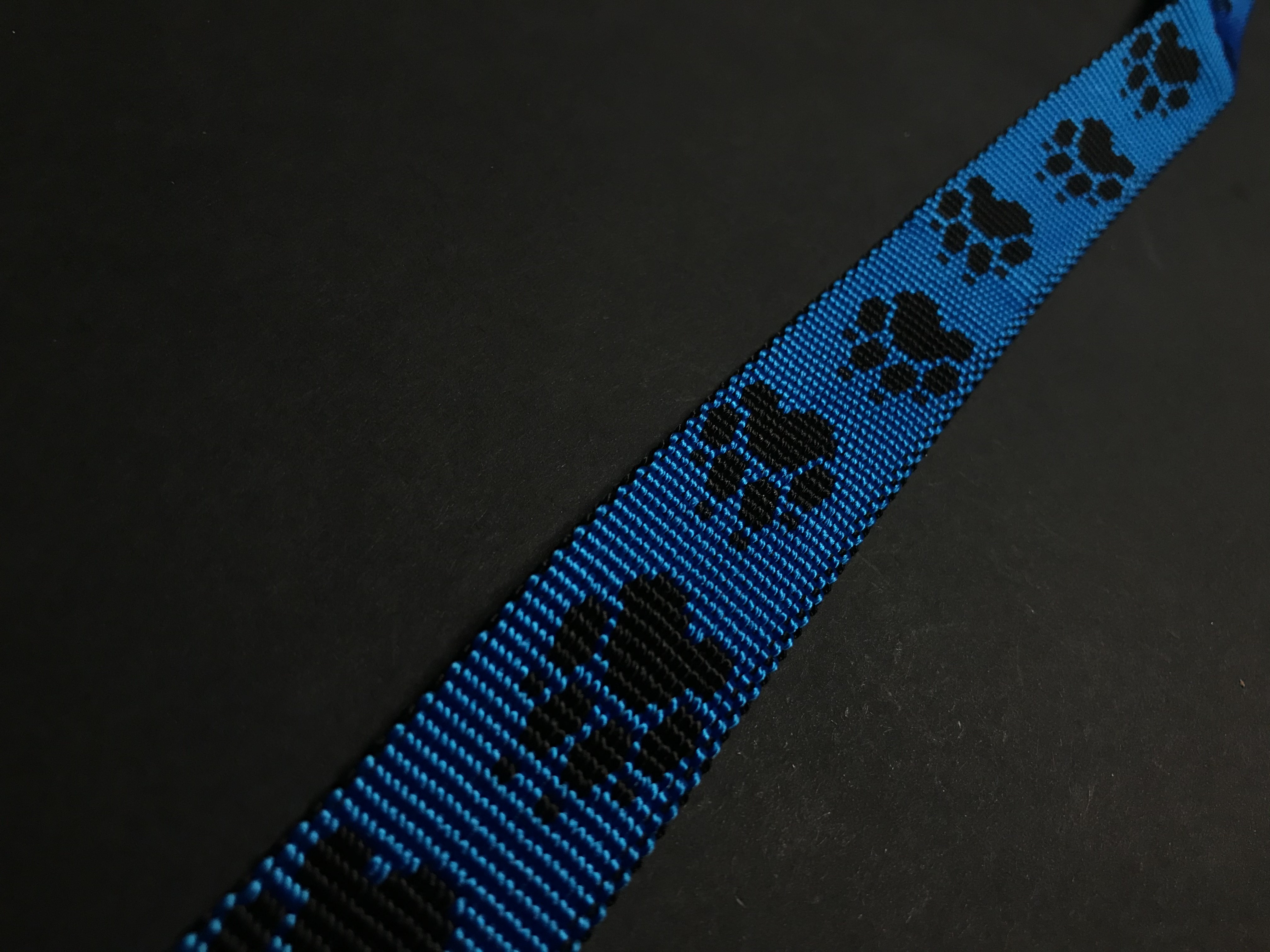 Palkar vodítko z popruhu pre psov 150 cm x 25 mm čierno-modrá s labkami