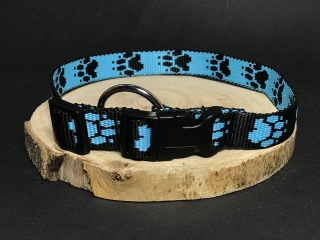 Palkar obojok z popruhu pre psov 50 cm x 20 mm čierno-svetlo-modrá s labkami