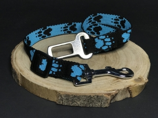 Palkar bezpečnostný pás do auta pre stredne veľké psy 55 cm x 20 mm čierno-svetlo-modrá s labkami