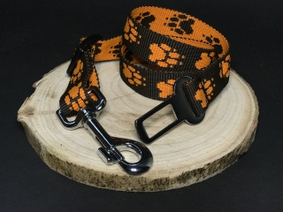 Palkar bezpečnostný pás do auta pre veľké psy 65 cm x 25 mm hnedo-oranžová s labkami