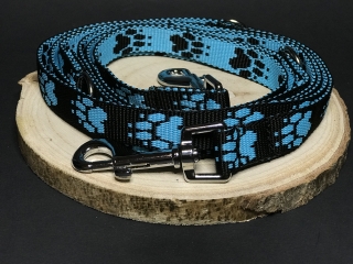 Palkar vodítko prepínacie z popruhu pre psov 250 cm x 20 mmčierno-svetlo modrá s labkami